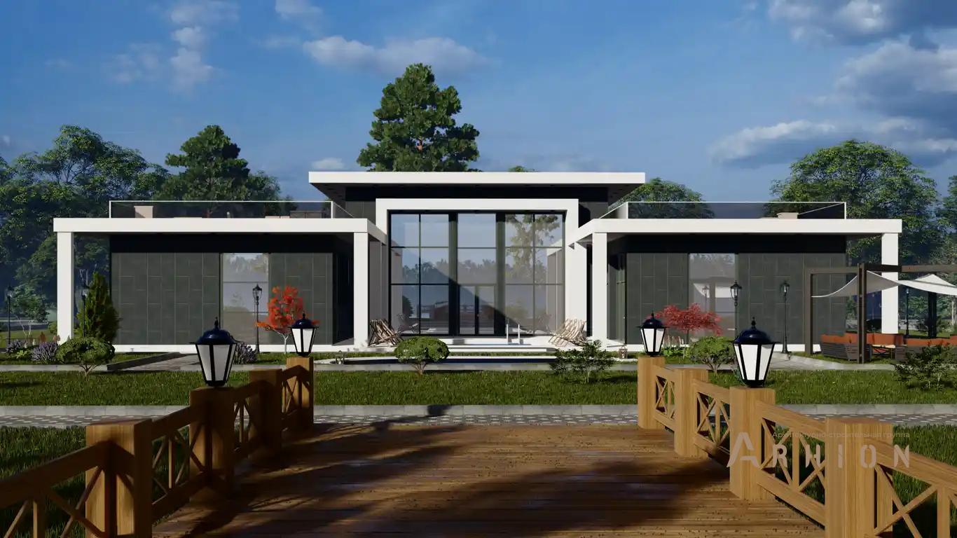 2. Проект двухэтажного дома в стиле хай-тек с плоской кровлей , h-1614, площадью - 545 кв c терассой, балконом, гаражом